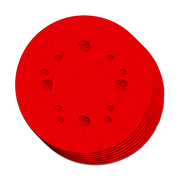 Seven red 5-inch sanding discs with hook and loop backing and evenly spaced dust holes.