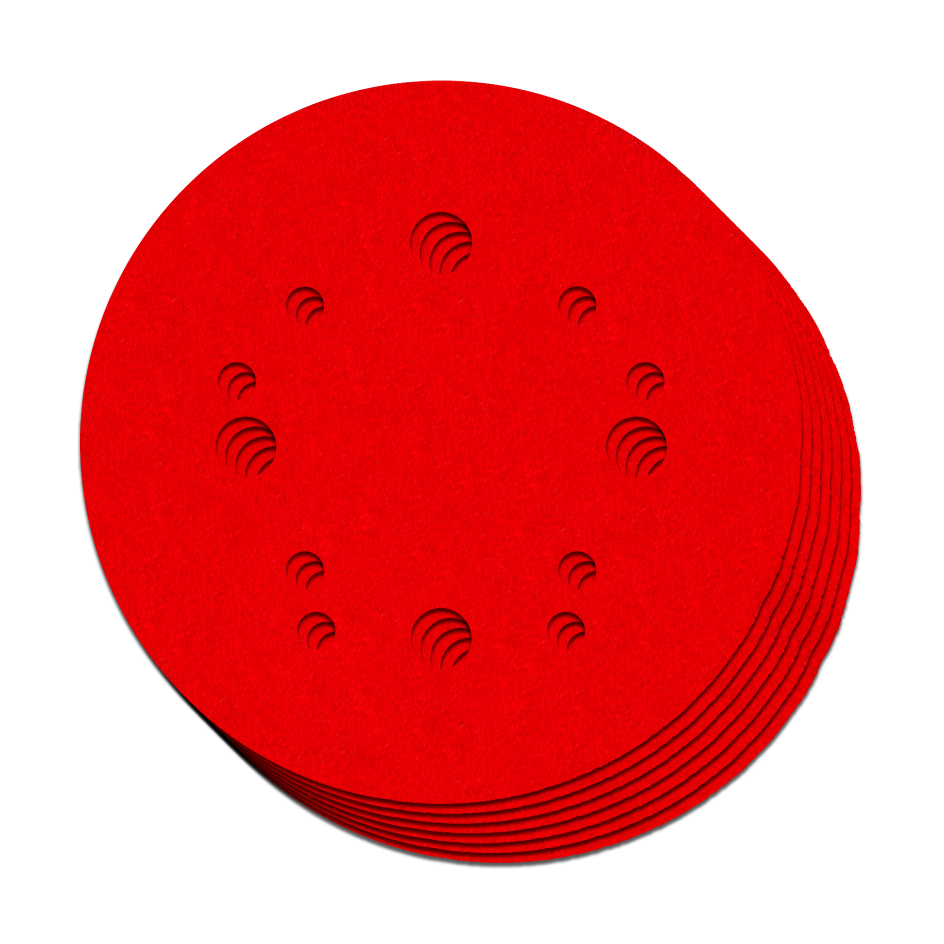 Seven red 5-inch sanding discs with hook and loop backing and evenly spaced dust holes.