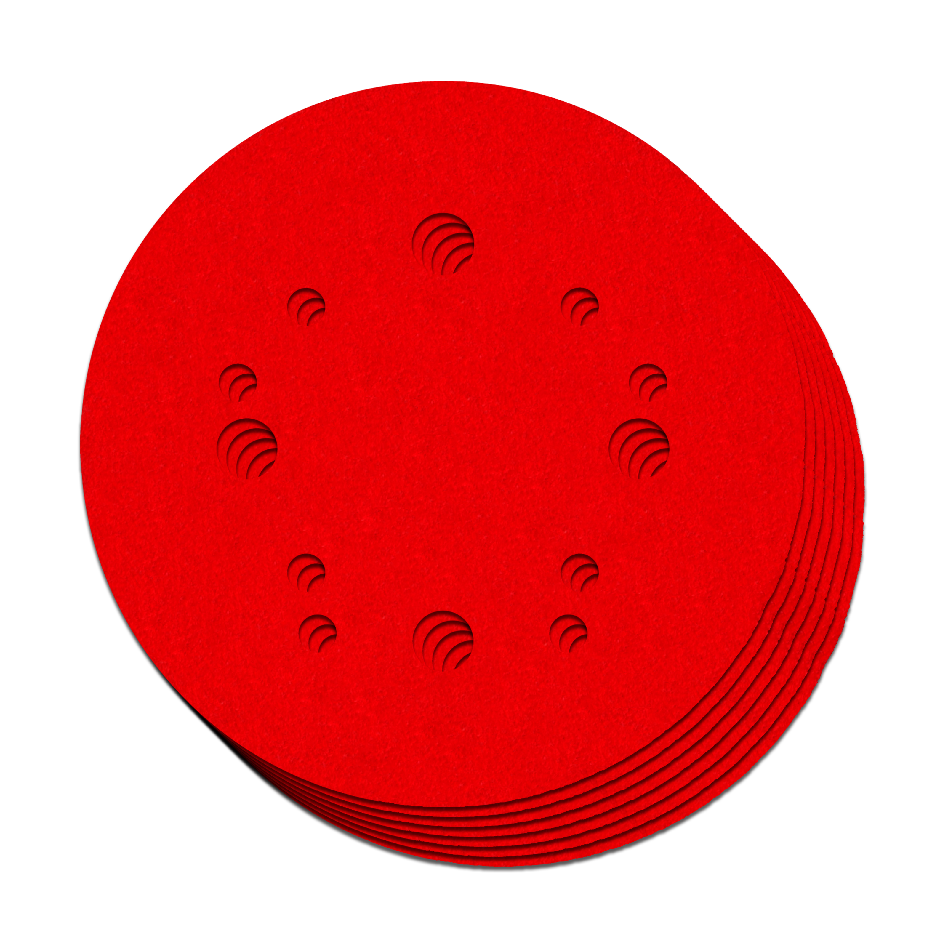Seven red 5-inch sanding discs with hook and loop backing and evenly spaced dust holes.
