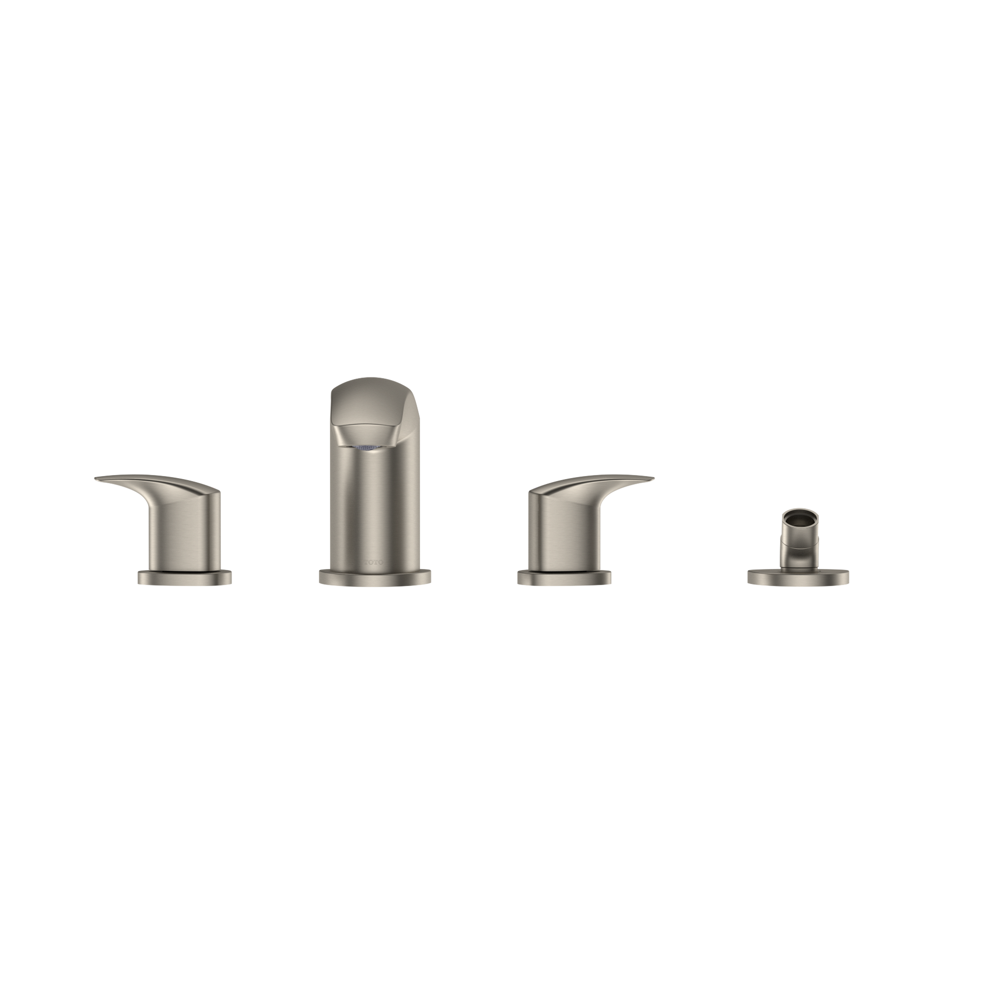 Brushed nickel two-handle roman tub filler trim with central spout and separate handshower component.