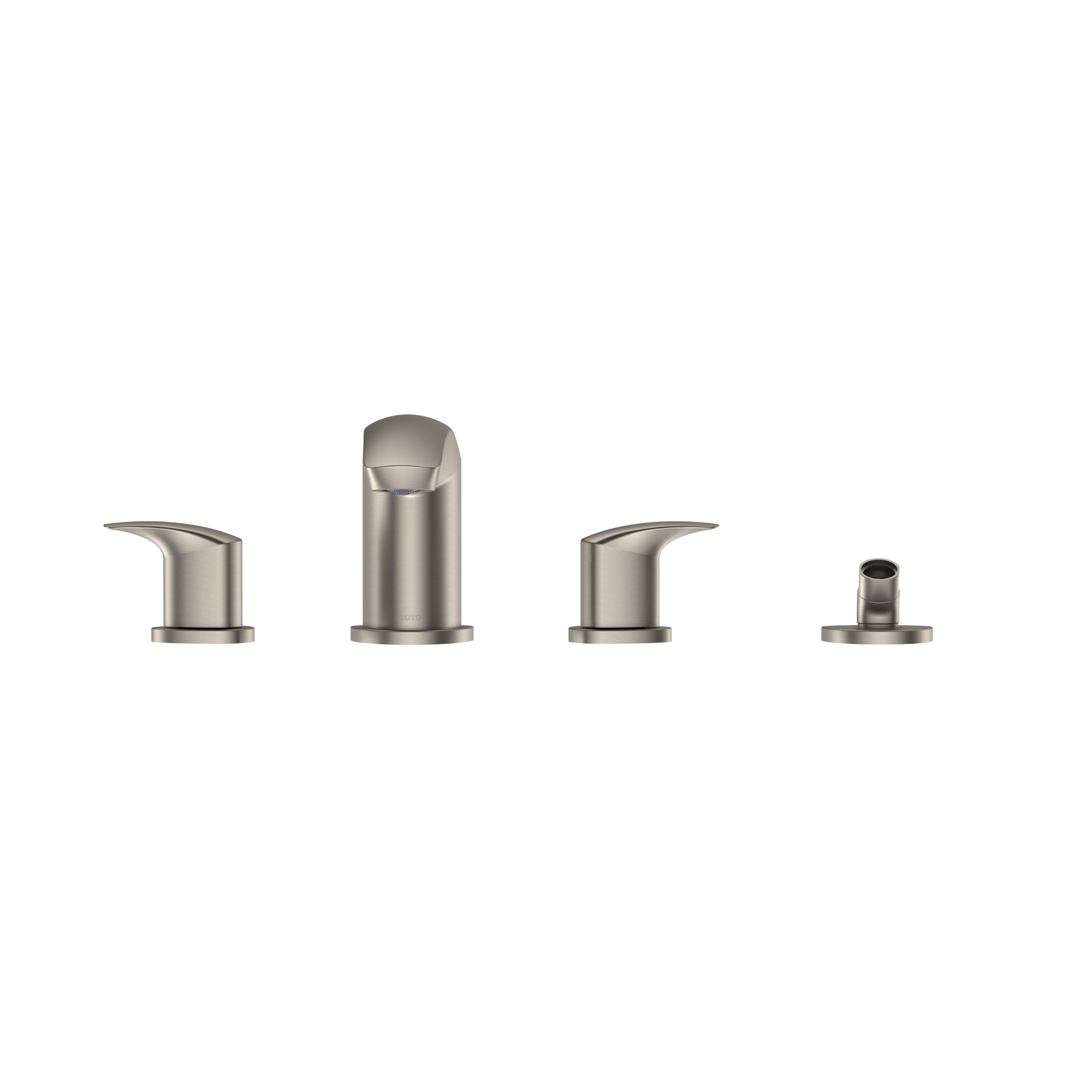 Brushed nickel two-handle roman tub filler trim with central spout and separate handshower component.