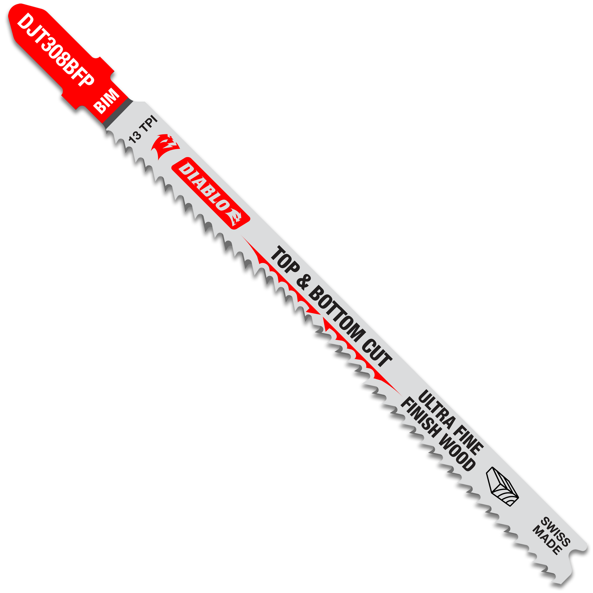 Diablo 4-5/8 inch bi-metal T-shank jig saw blade with 13 TPI teeth and red handle for fine wood cuts.