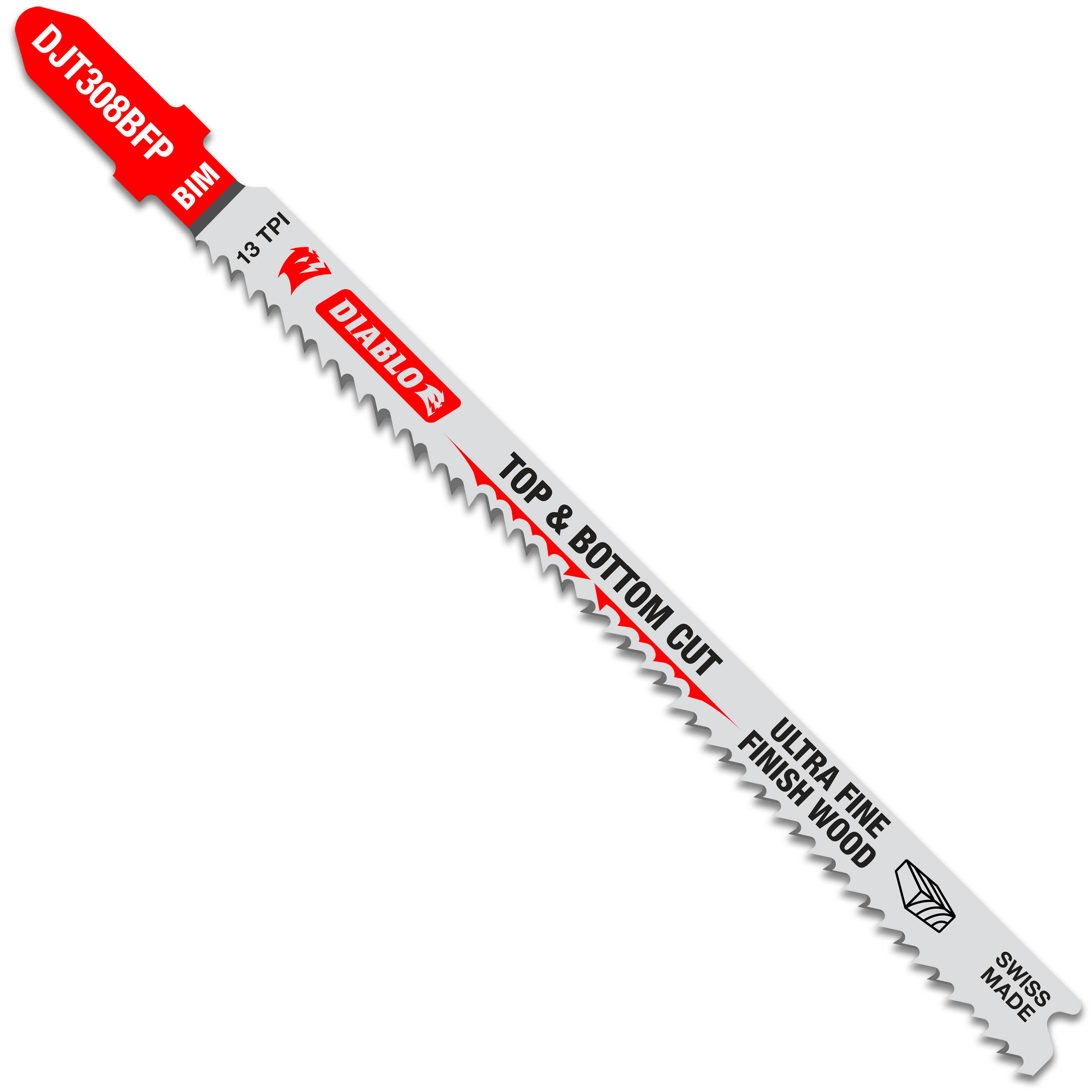 Diablo 4-5/8 inch bi-metal T-shank jig saw blade with 13 TPI teeth and red handle for fine wood cuts.