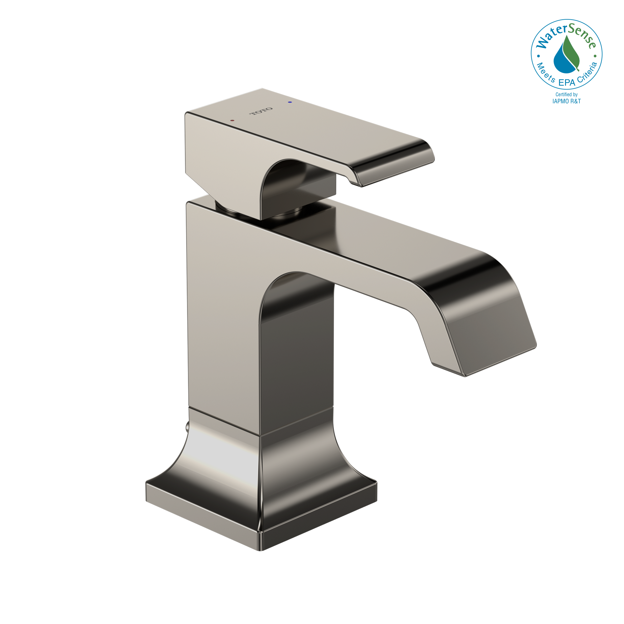 Polished nickel single-handle bathroom sink faucet with curved spout and square base design.