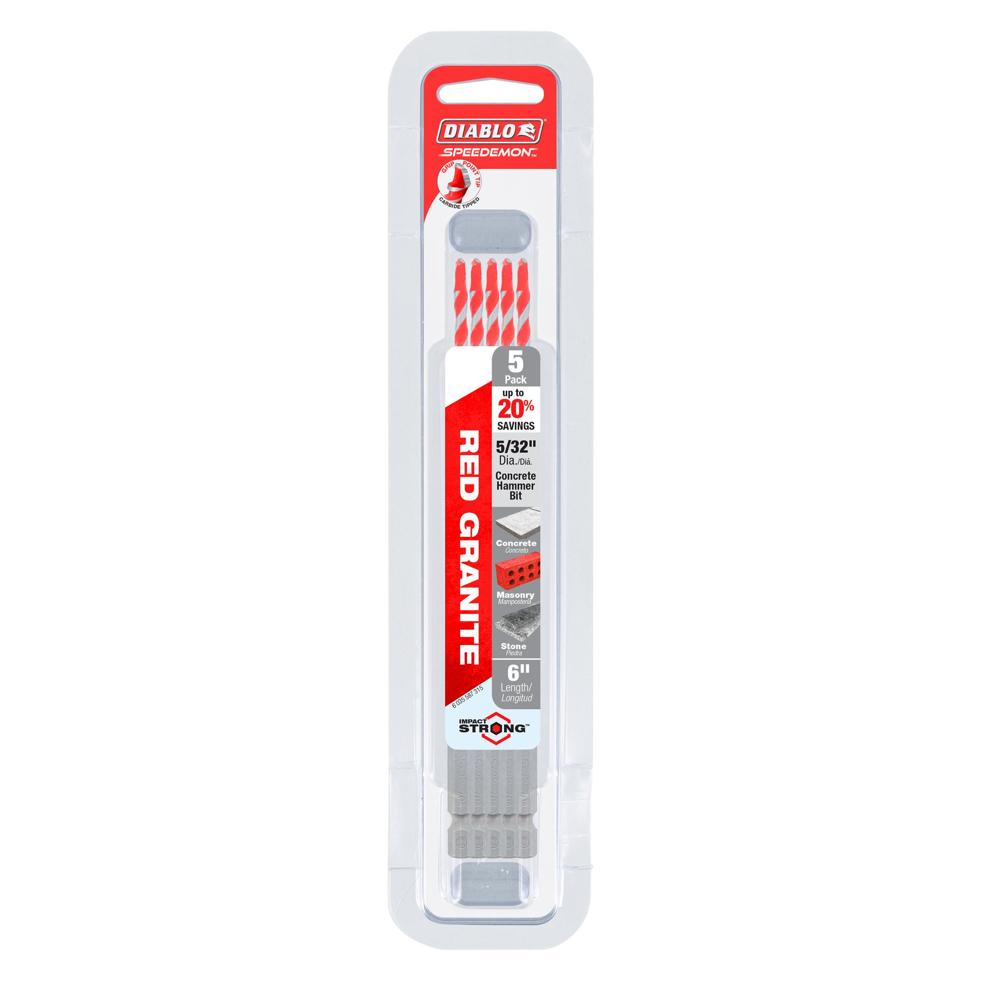 Five red and gray carbide-tipped hammer drill bits in clear plastic packaging labeled Diablo SPEEDemon Red Granite.