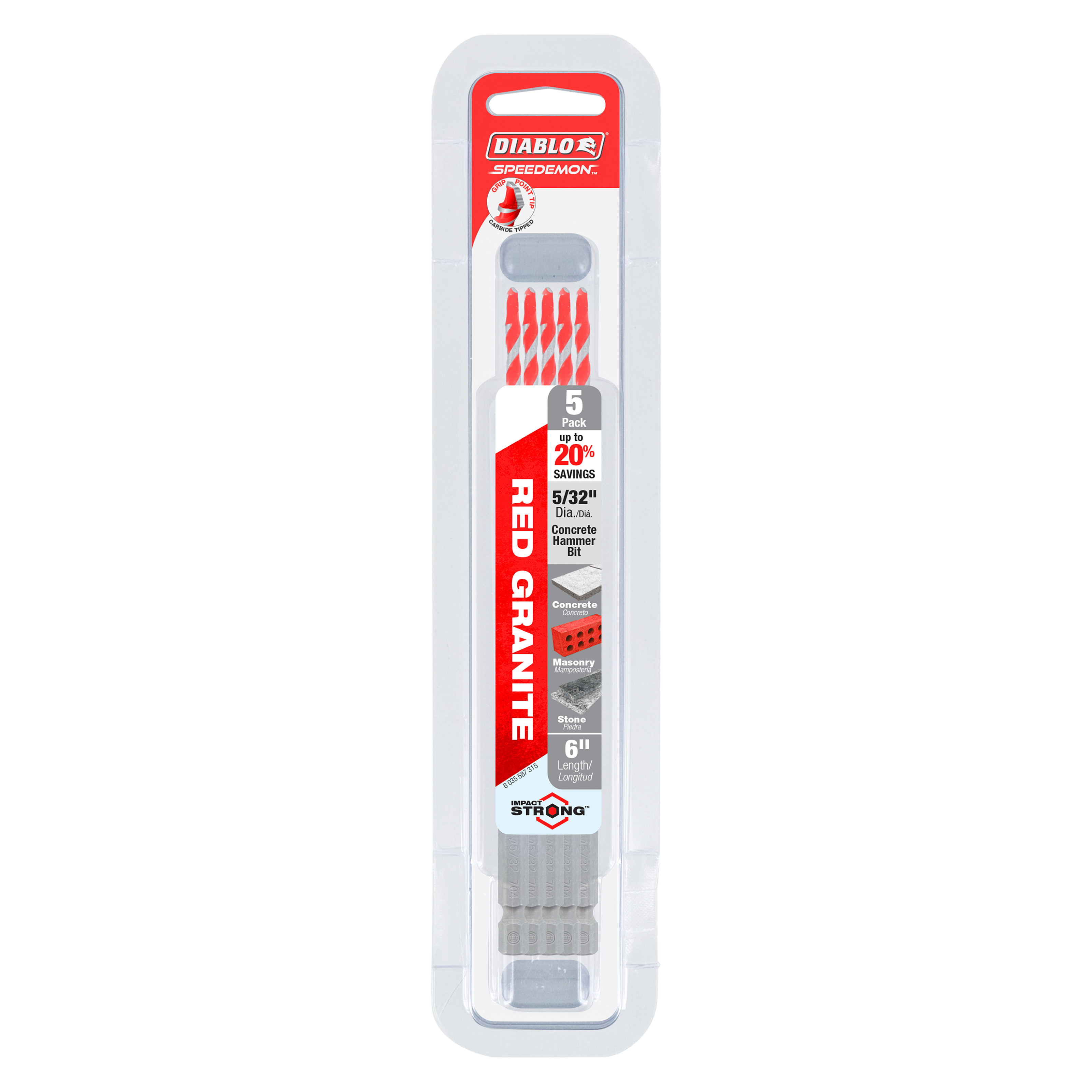 Five red and gray carbide-tipped hammer drill bits in clear plastic packaging labeled Diablo SPEEDemon Red Granite.