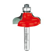 Red ogee fillet router bit with 1-1/4" diameter head, metal shank, and ball bearing guide.