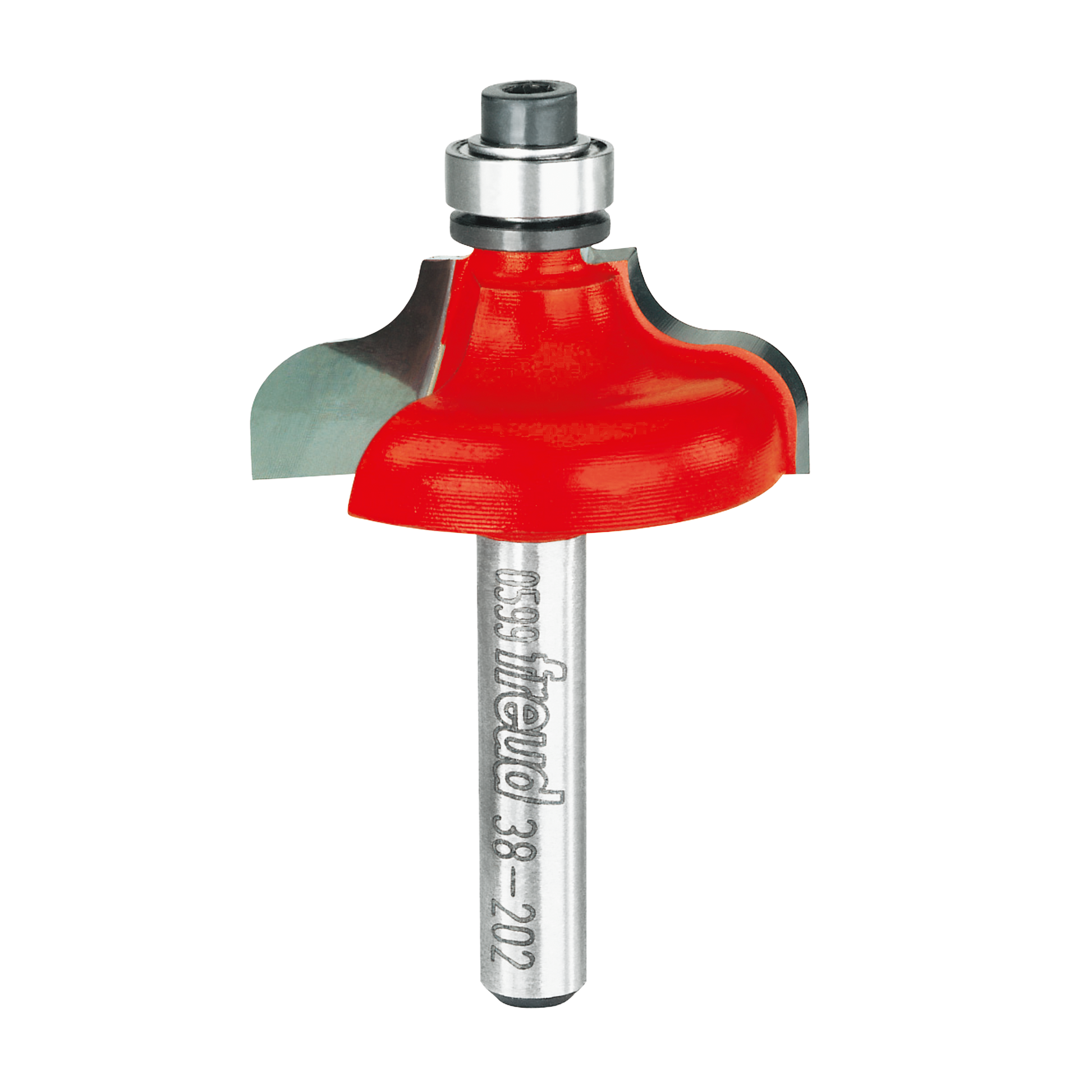 Red ogee fillet router bit with 1-1/4" diameter head, metal shank, and ball bearing guide.