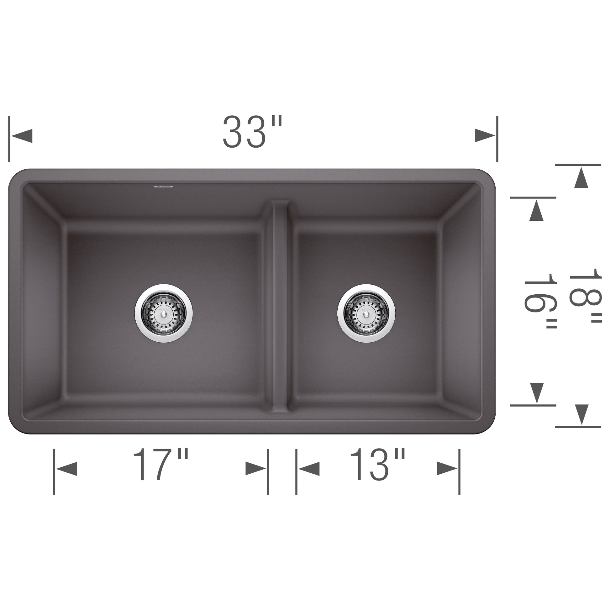 Cinder-colored double basin undermount sink with low divider and two drain strainers, 33" width.