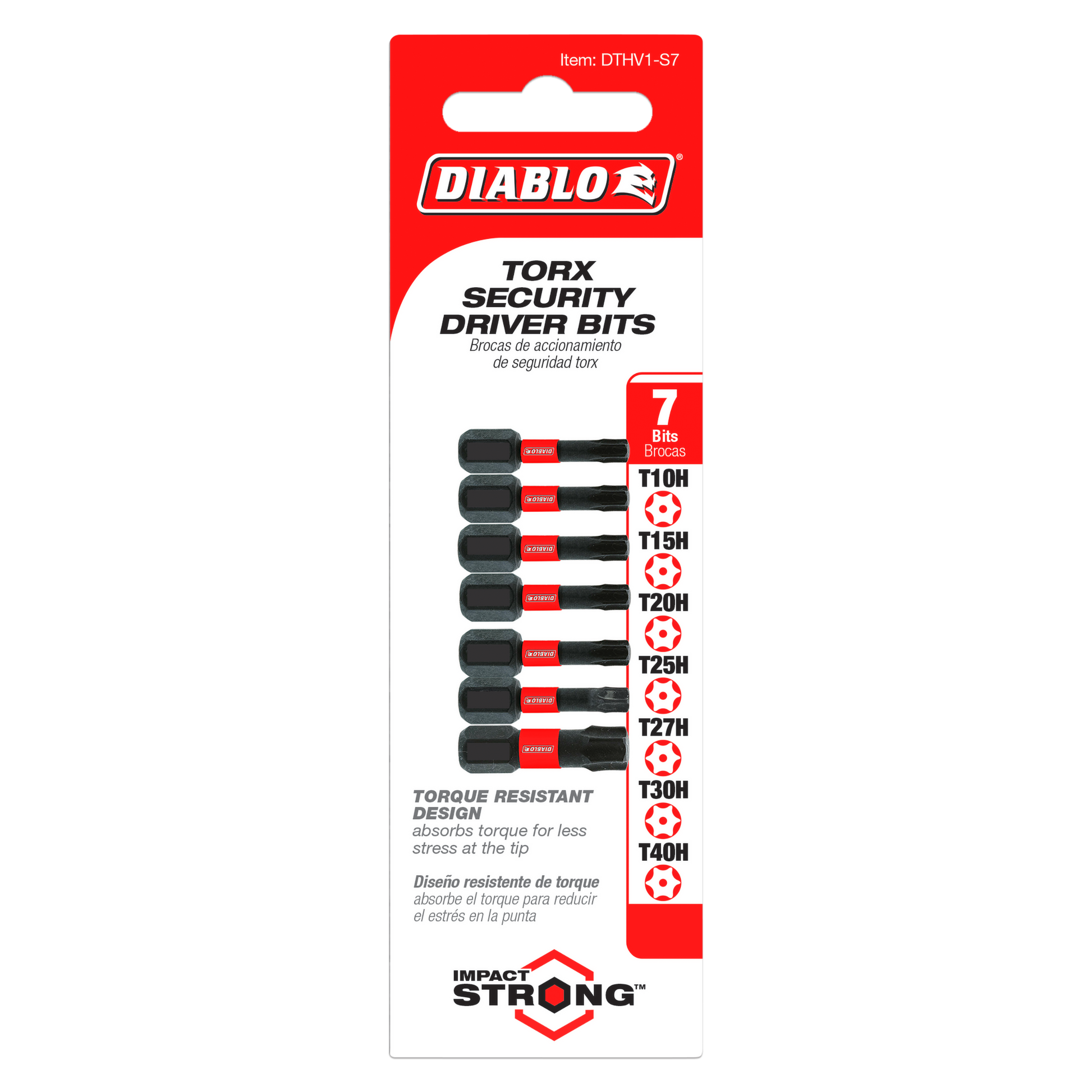Seven Torx security drive bits in sizes T10H through T40H with black hex shanks on red and white packaging.
