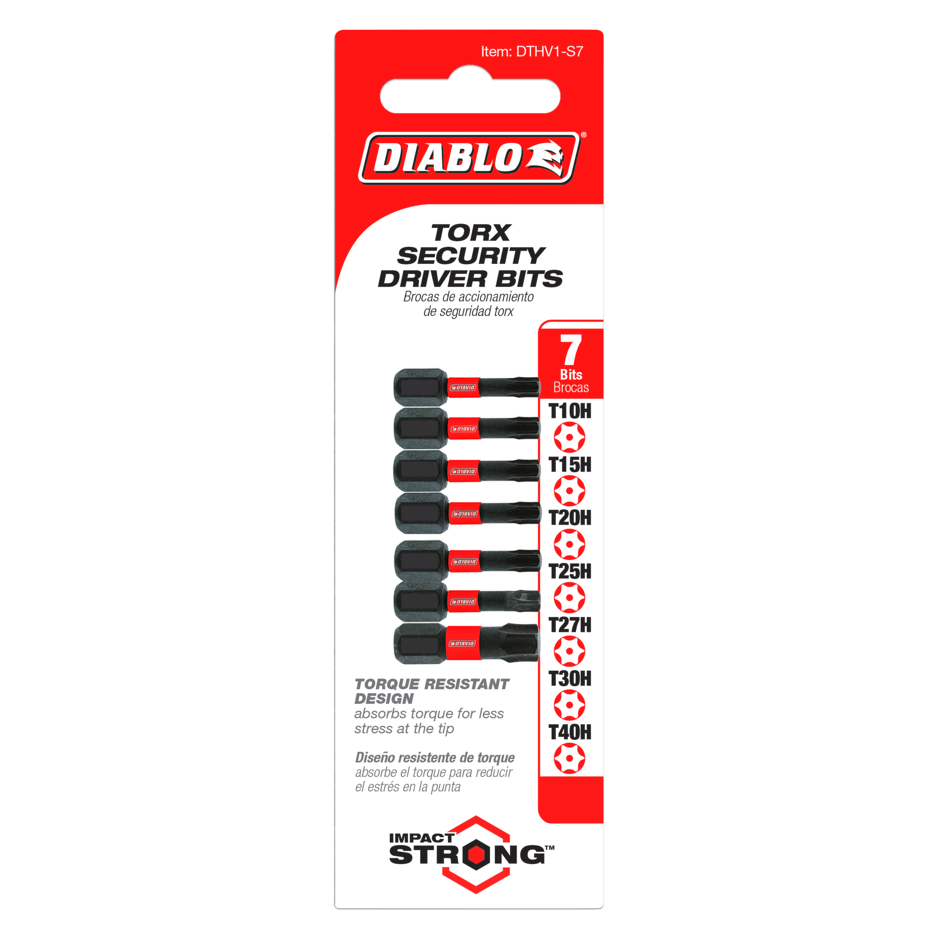 Seven Torx security drive bits in sizes T10H through T40H with black hex shanks on red and white packaging.