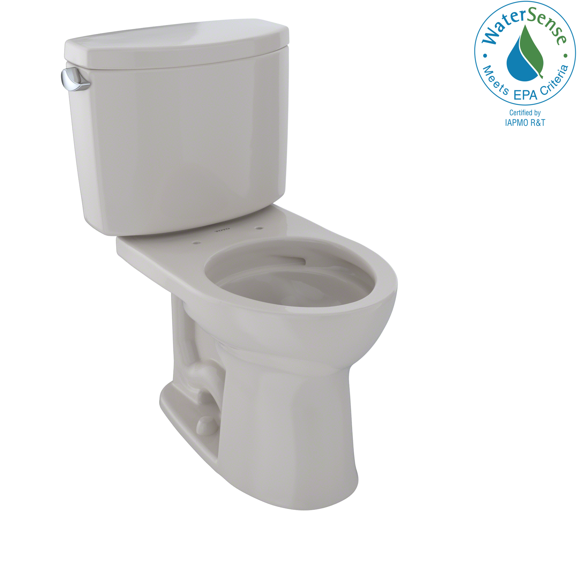 Beige two-piece toilet with round bowl, tank, and side lever handle, shown without seat.