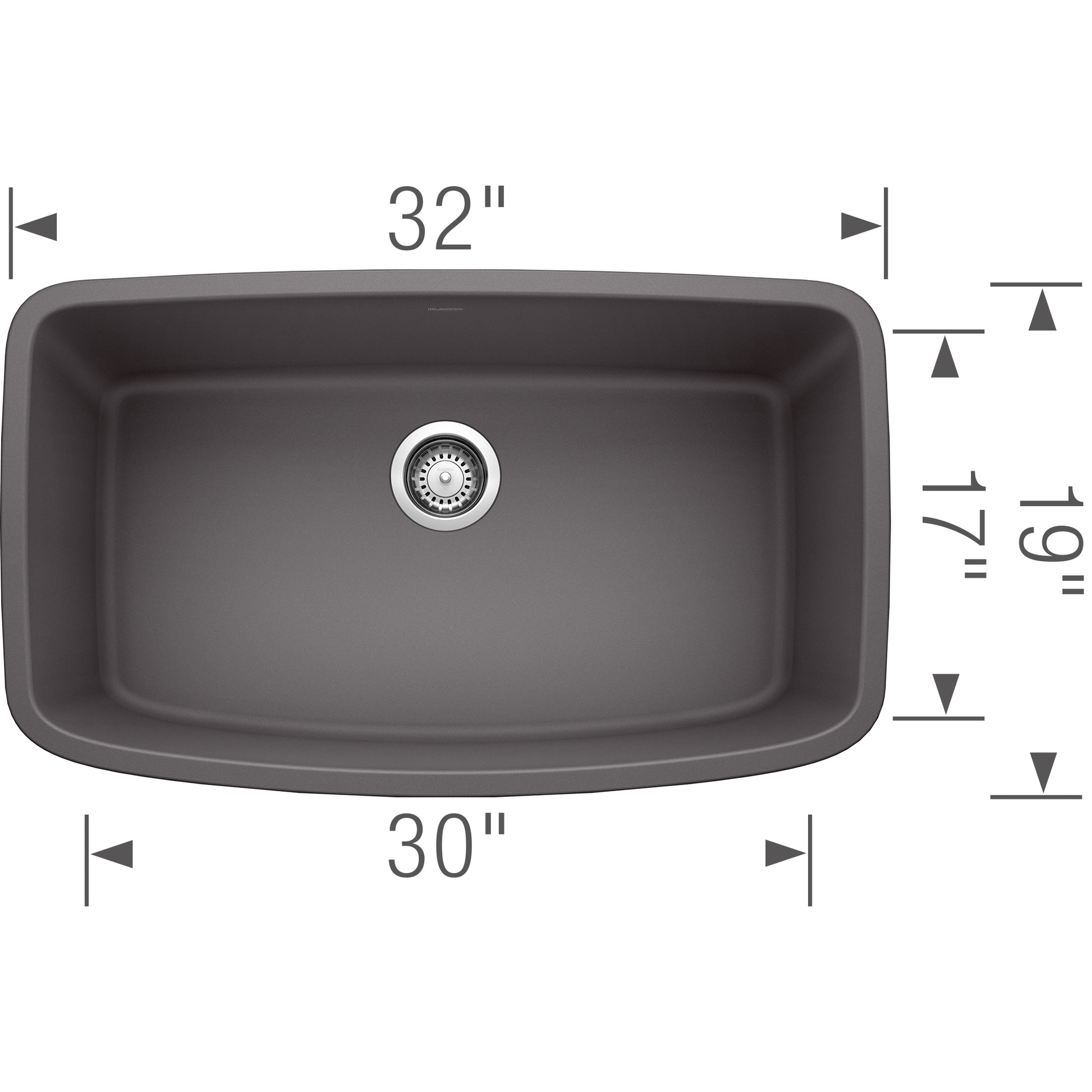 Cinder-colored single basin undermount kitchen sink measuring 32 inches wide by 19 inches deep with drain and dimensions labe