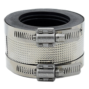 Metal reducing coupling with two stainless steel hose clamps and black rubber gasket seal.
