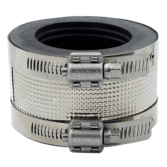 Metal reducing coupling with two stainless steel hose clamps and black rubber gasket seal.
