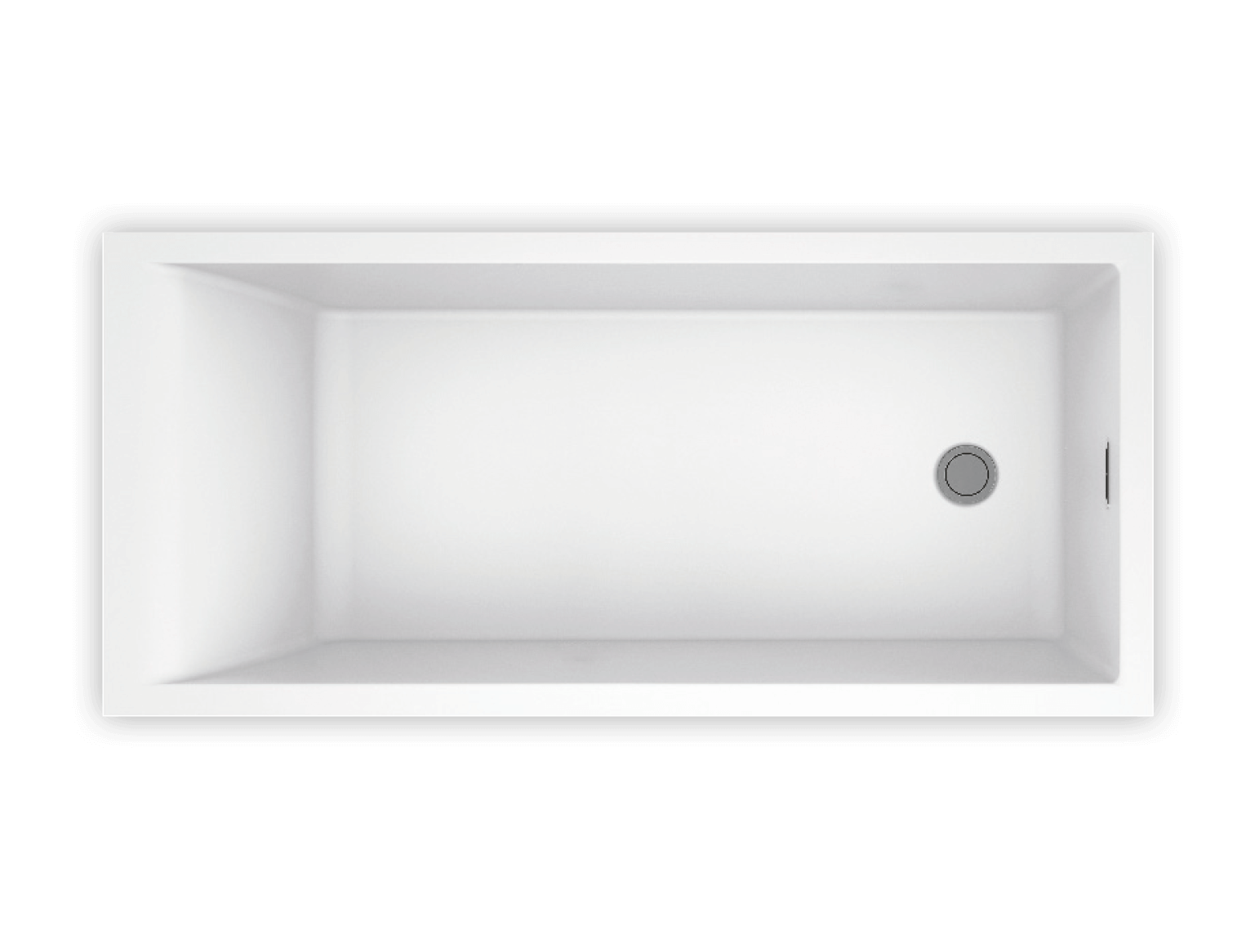 White rectangular freestanding soaker bathtub with drain and overflow shown from above.
