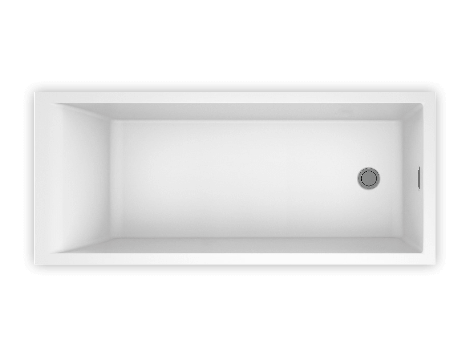White rectangular freestanding soaker bathtub with drain and overflow valve shown from above.