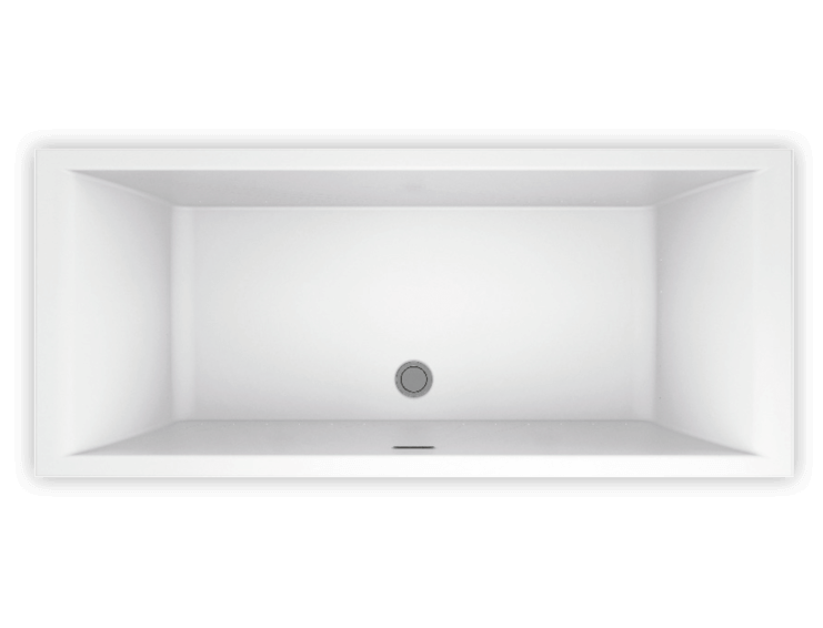 White rectangular freestanding soaker bathtub with center drain and sloped interior walls, viewed from above.