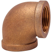 Cast bronze 90-degree elbow fitting with two female threaded ports at right angles.