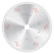 12-inch round Freud carbide-tipped saw blade with silver coating and teeth around the edge.