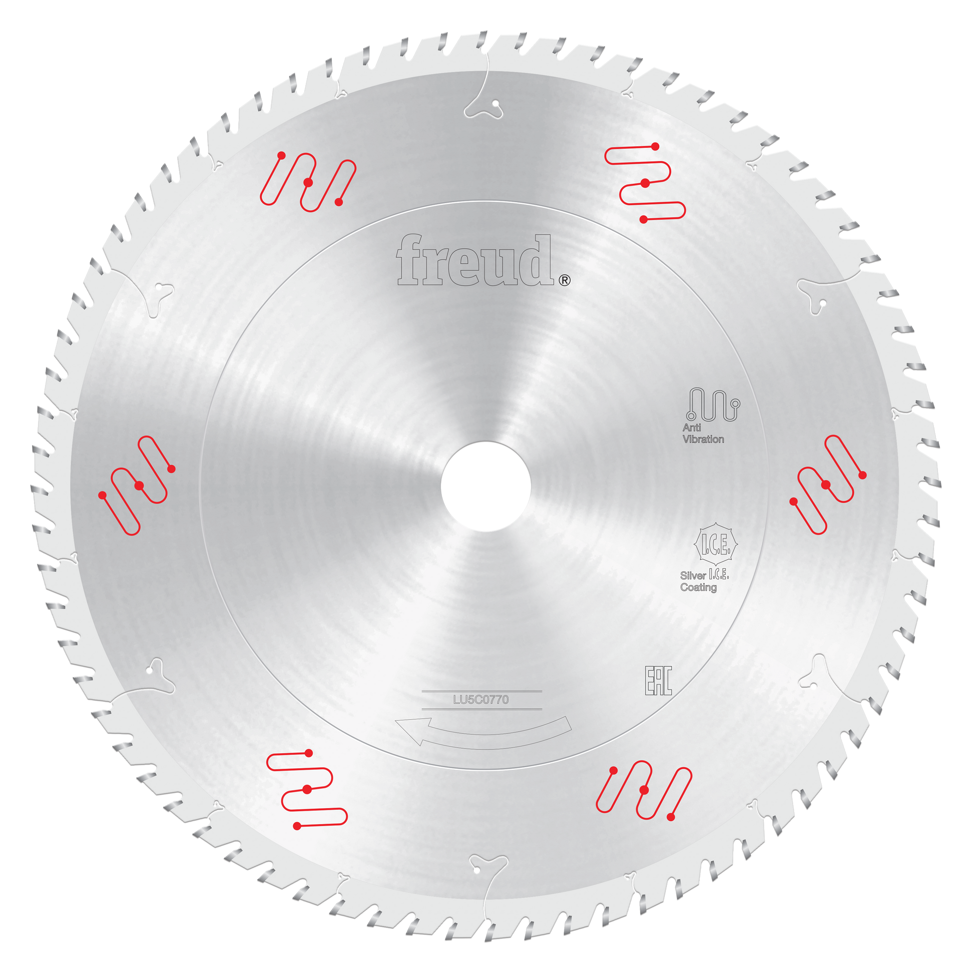 12-inch round Freud carbide-tipped saw blade with silver coating and teeth around the edge.