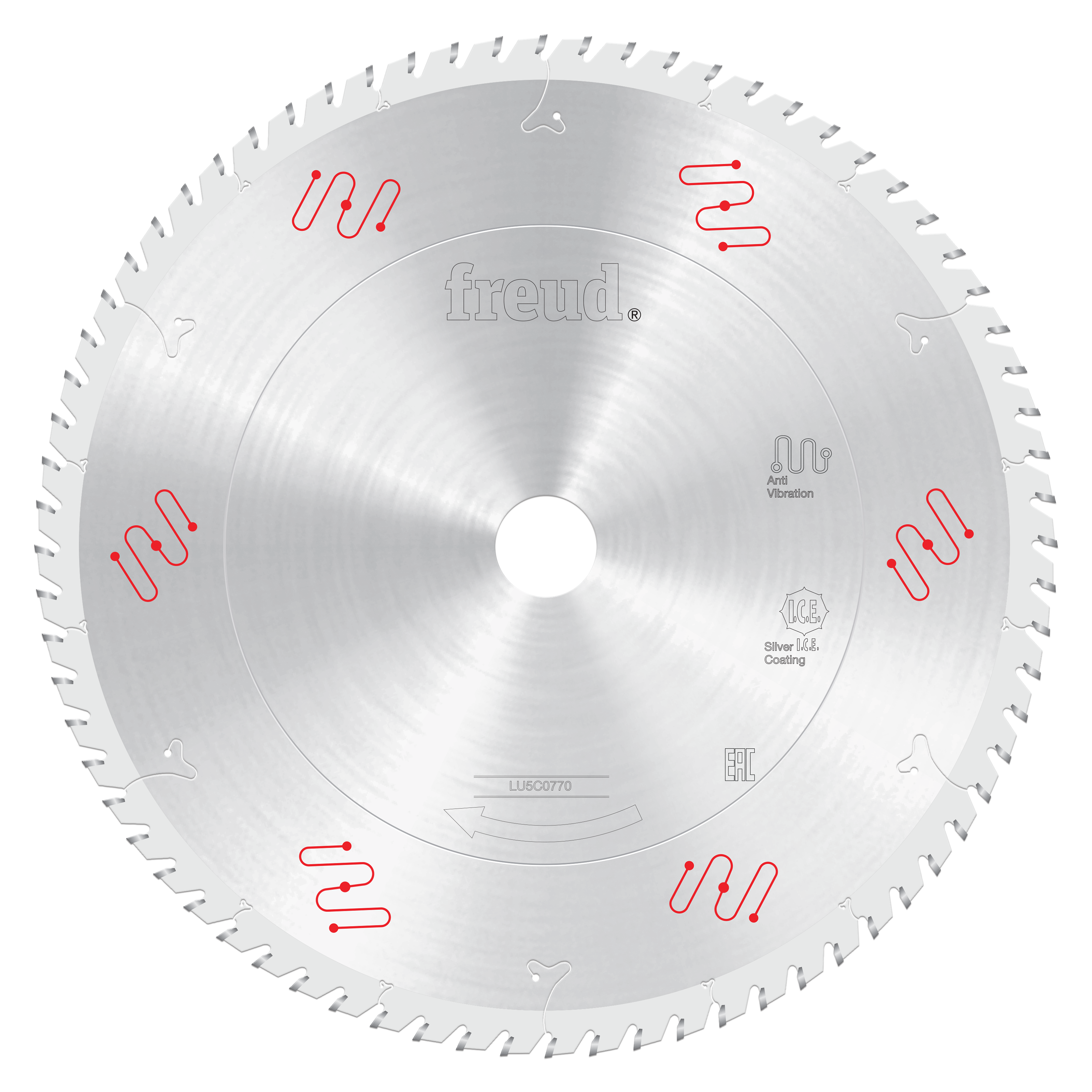 12-inch round Freud carbide-tipped saw blade with silver coating and teeth around the edge.