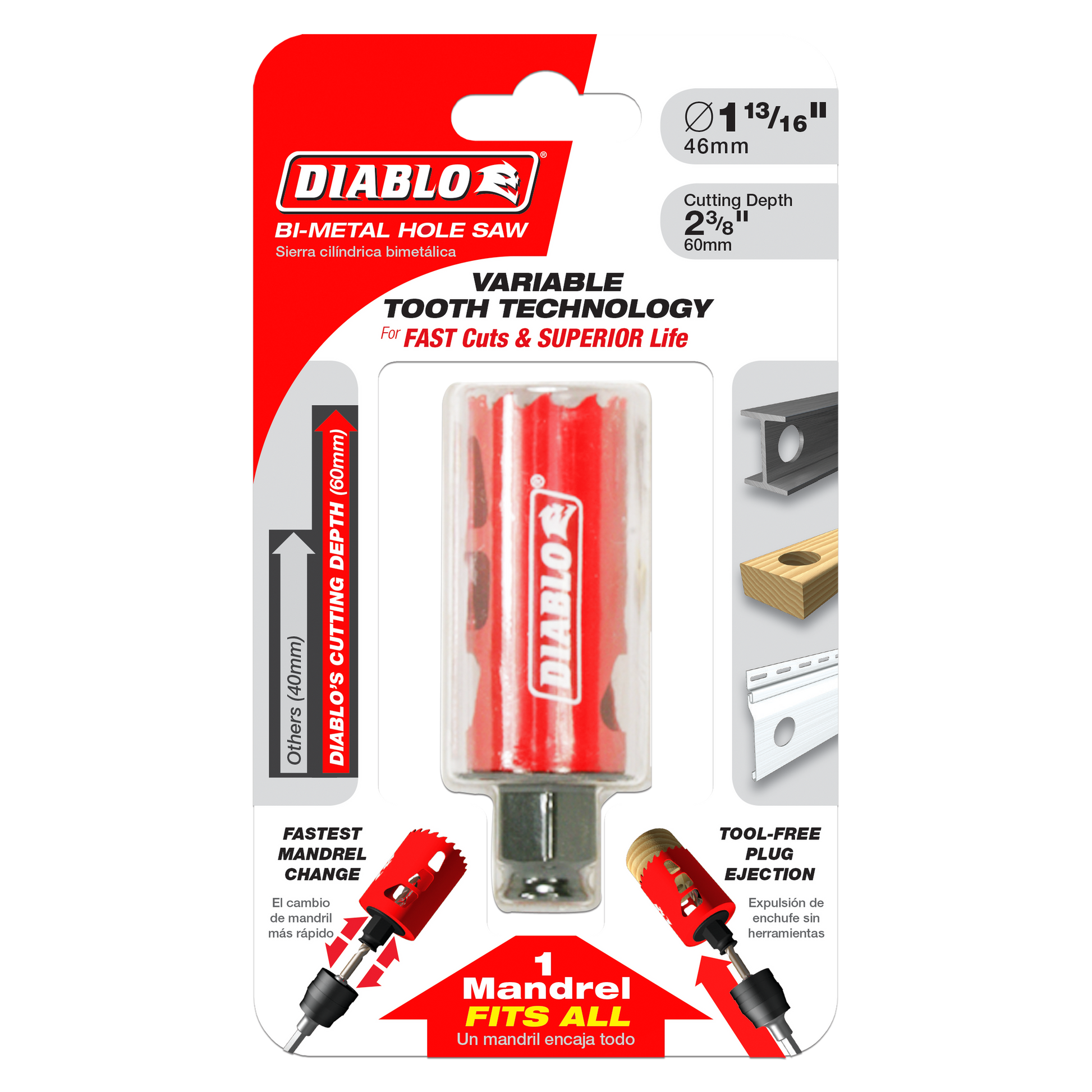 Diablo bi-metal hole saw with 1-13/16 inch diameter, 2-3/8 inch cutting depth, red body with variable tooth design and tool-f
