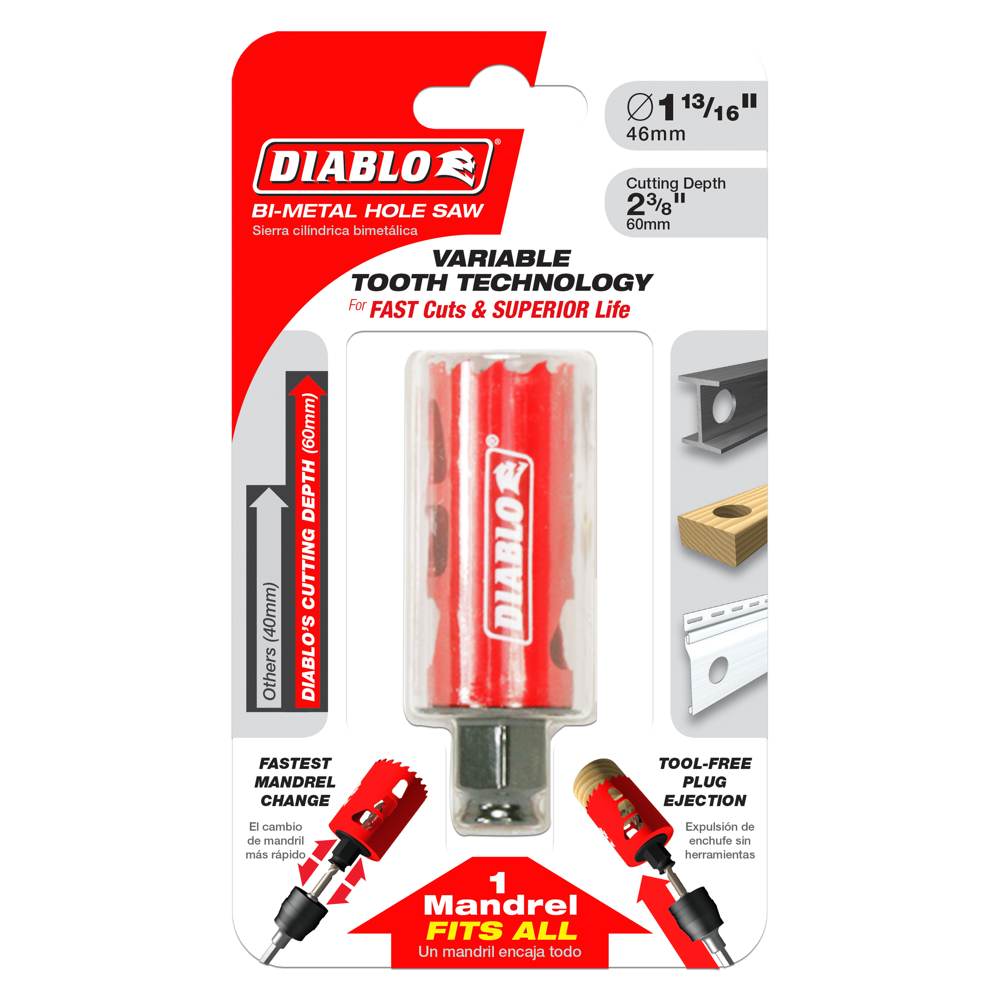 Diablo bi-metal hole saw with 1-13/16 inch diameter, 2-3/8 inch cutting depth, red body with variable tooth design and tool-f