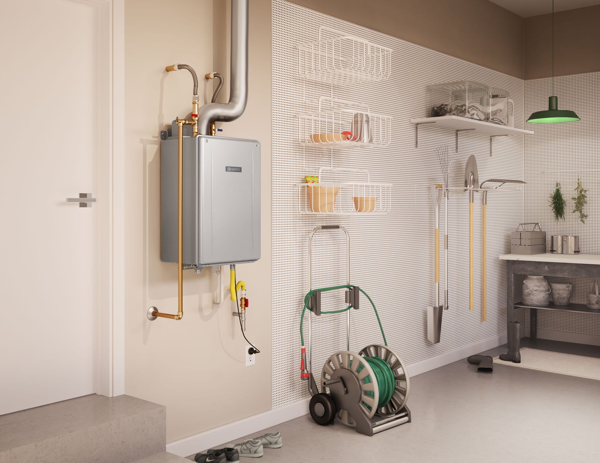Noritz tankless water heater mounted on wall with copper and gray piping connections in utility space.