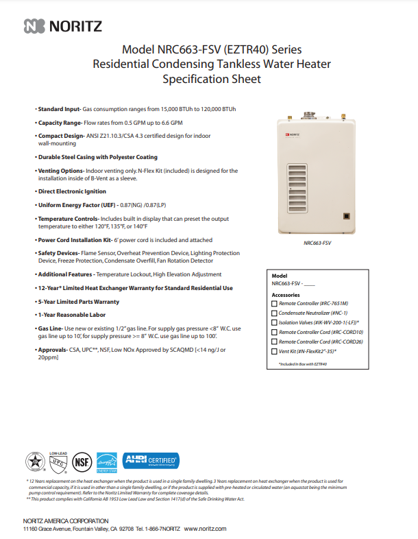 Noritz EZTR40 tankless water heater specification sheet with product image and technical details.