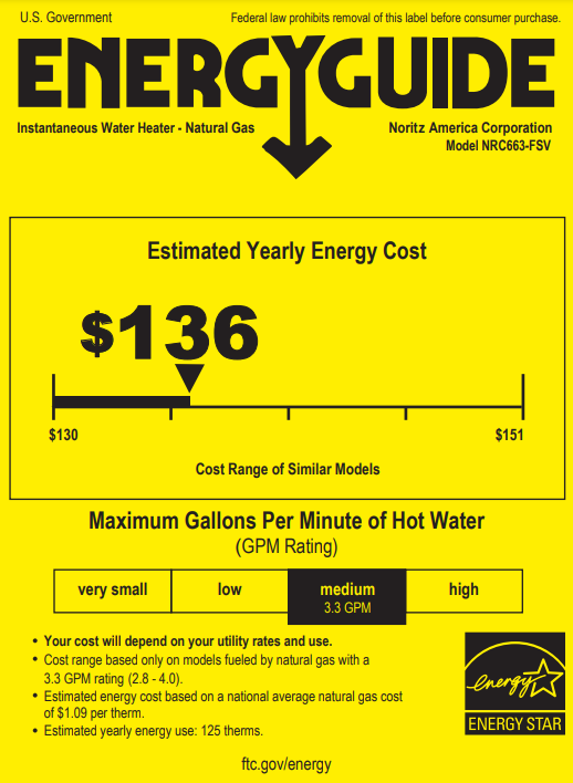 Yellow EnergyGuide label for Noritz EZTR40-NG natural gas tankless water heater showing estimated yearly energy cost of $136.