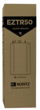 Noritz EZTR50NG tankless water heater in tan packaging with product label and company branding.