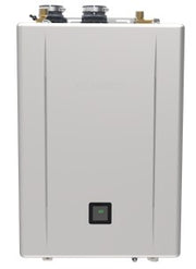 White rectangular tankless water heater unit with digital display panel and top-mounted controls.
