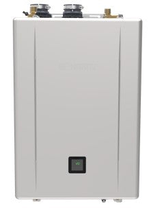 White rectangular tankless water heater unit with digital display panel and top-mounted controls.
