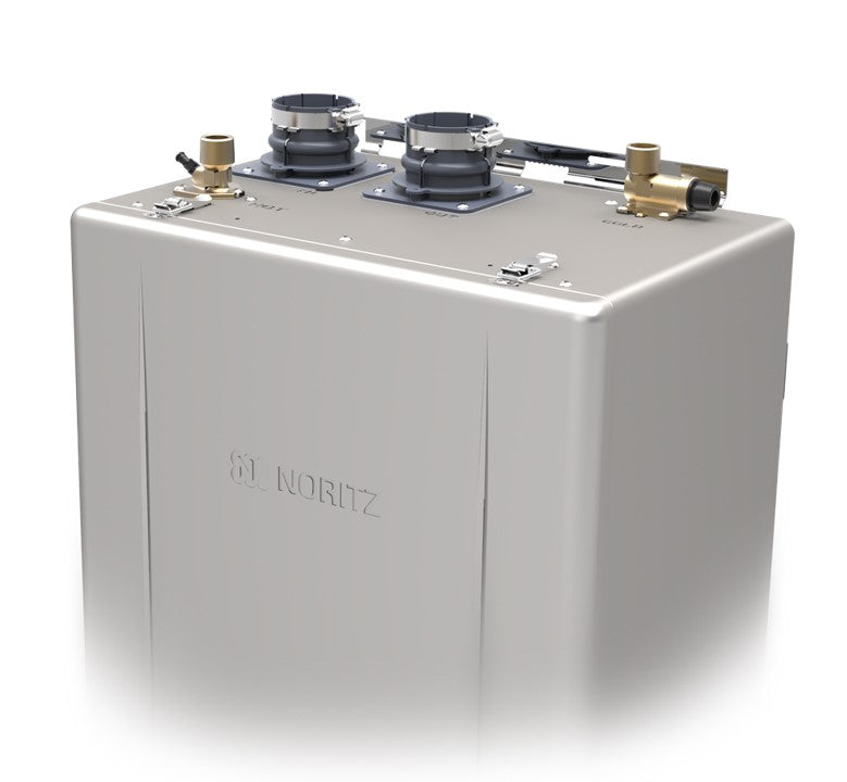 Noritz stainless steel tankless water heater with brass fittings and dual burner assembly on top.
