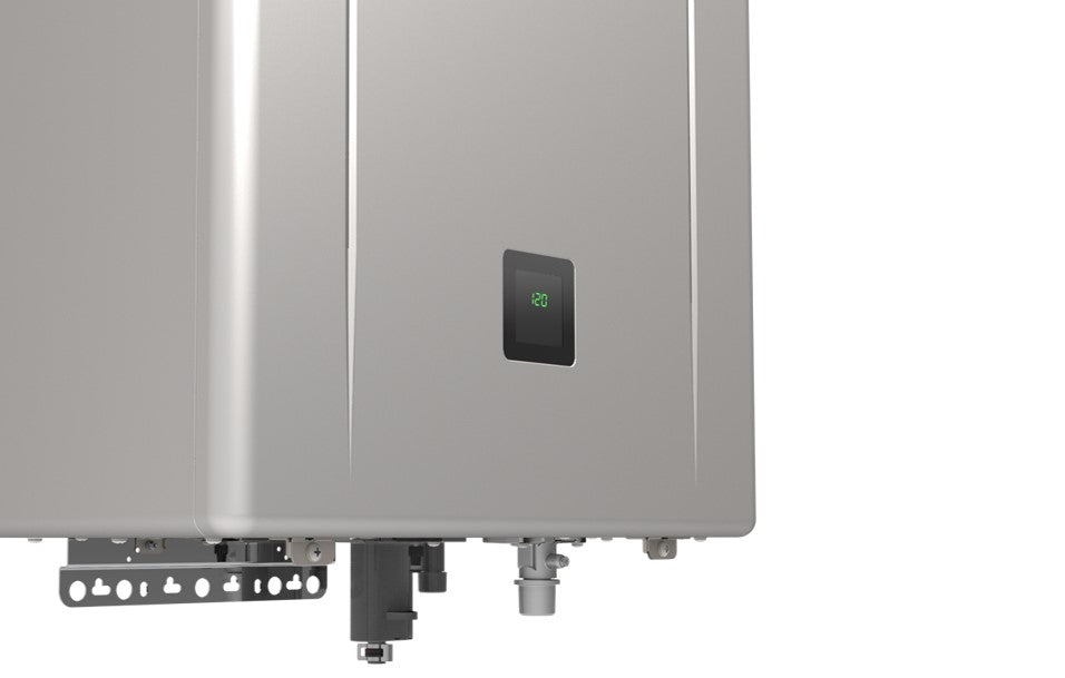 White rectangular tankless water heater with digital display showing temperature and connection ports at bottom.