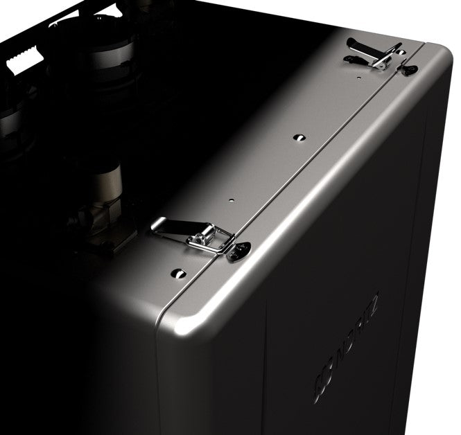 Noritz EZ98DV tankless water heater unit with metallic top panel and control switches shown from angled view.