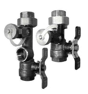 Two metal isolator valves with threaded connections, manual shut-off handles, and pressure relief components.