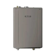 Noritz gray tankless water heater unit with brass fittings and control knobs on top.