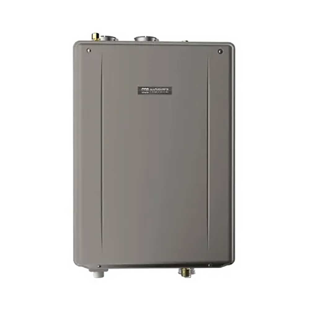 Noritz gray tankless water heater unit with brass fittings and control knobs on top.