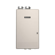 Noritz stainless steel condensing tankless water heater with dual exhaust vents and control panel on front.