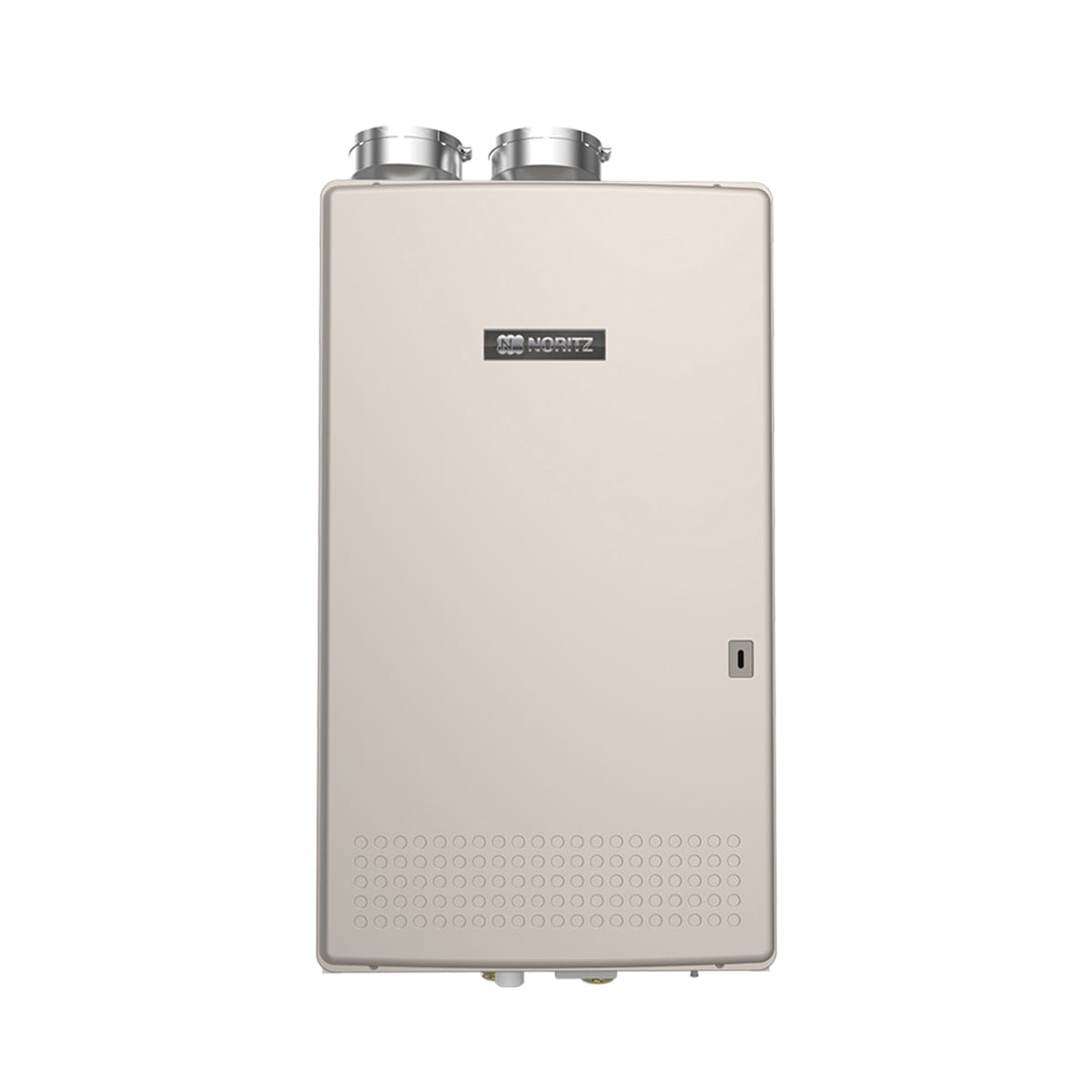 Noritz stainless steel condensing tankless water heater with dual exhaust vents and control panel on front.
