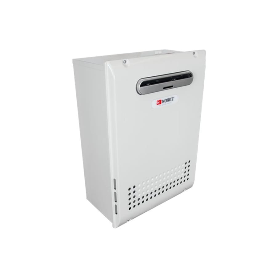 White rectangular Noritz tankless water heater unit with black exhaust vent and ventilation holes at base.