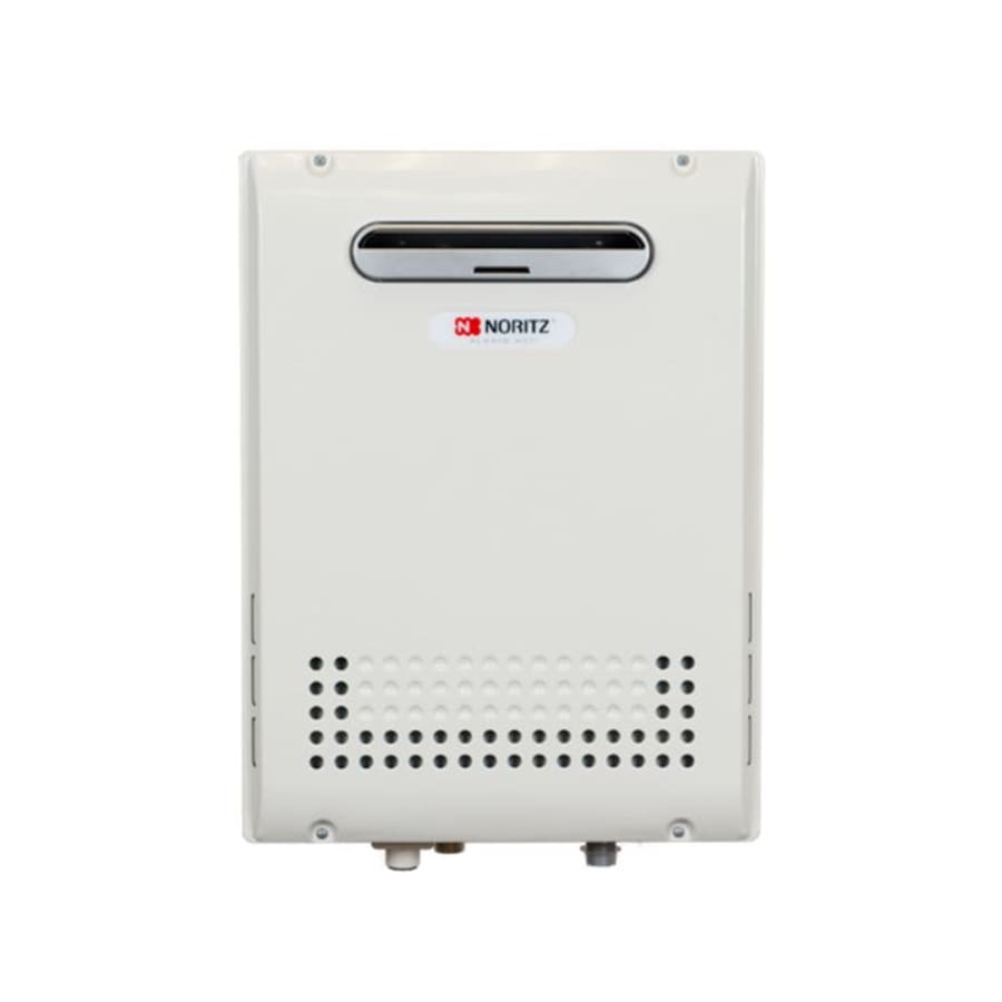 Noritz white rectangular tankless water heater with horizontal vent opening and perforated lower panel mounted on white backg