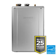 Noritz silver rectangular tankless water heater with brass and steel connection ports on top.
