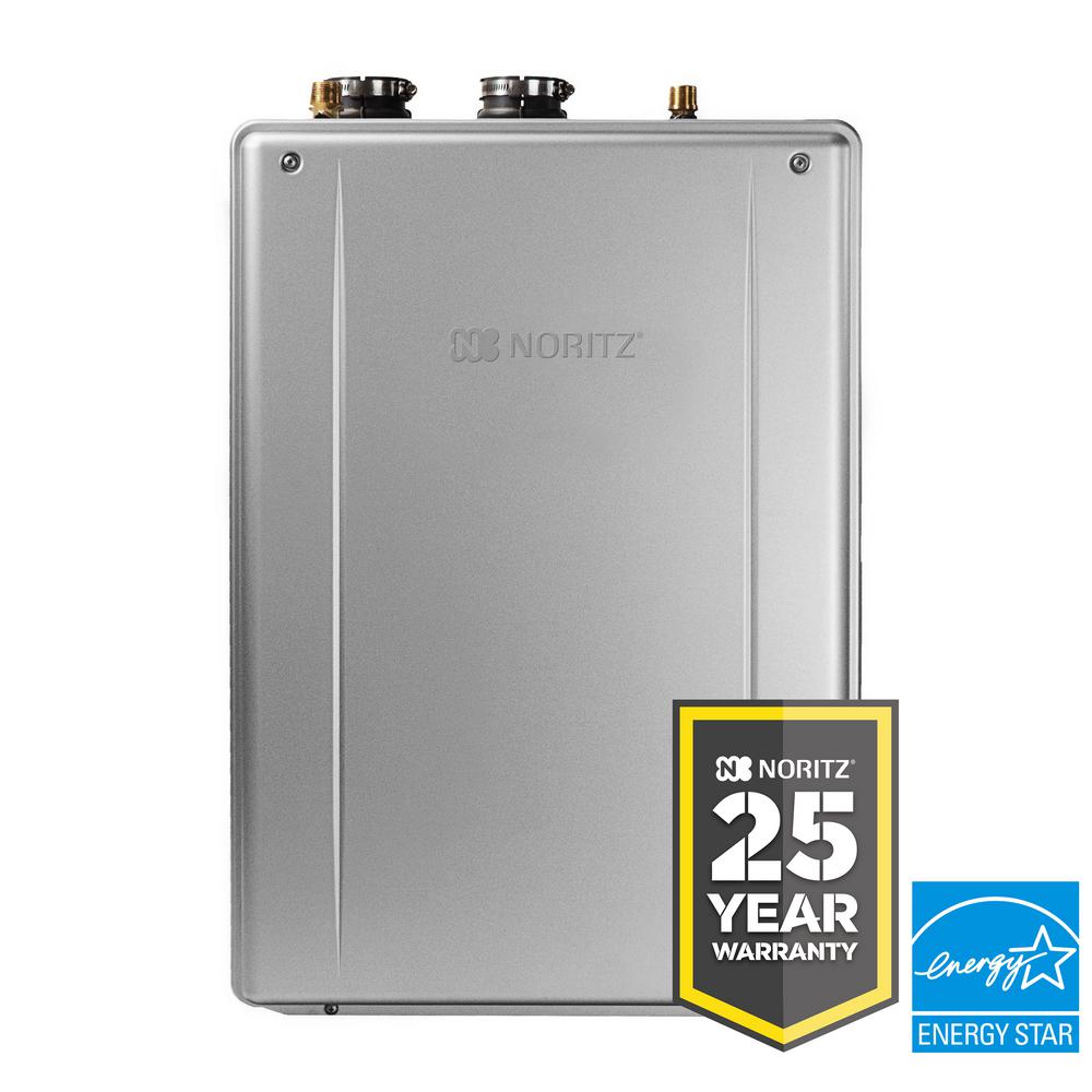 Noritz silver rectangular tankless water heater with brass and steel connection ports on top.