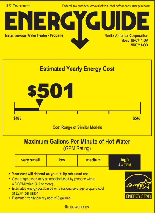 Yellow EnergyGuide label for Noritz NRC711-DV propane tankless water heater showing $501 estimated yearly energy cost.