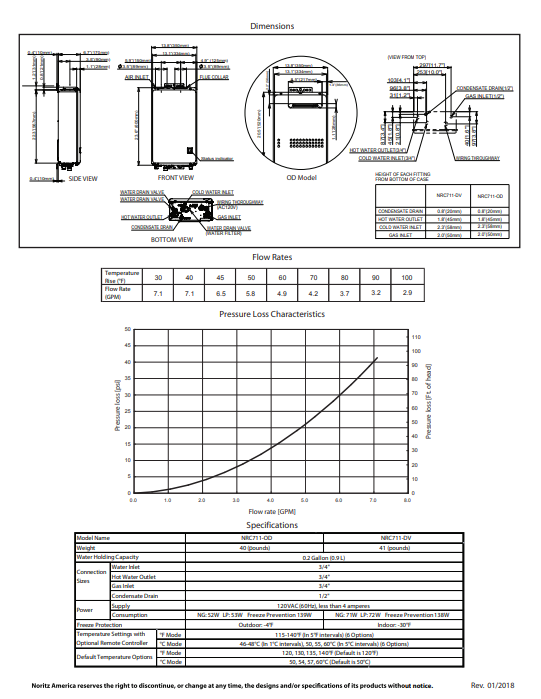 Noritz NRC711-DV-LP tankless water heater technical documentation showing dimensions, flow rates, pressure loss characteristi