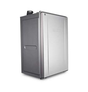 Noritz tankless water heater with dark gray side panel and metallic front cover, small pipe connection visible on top.