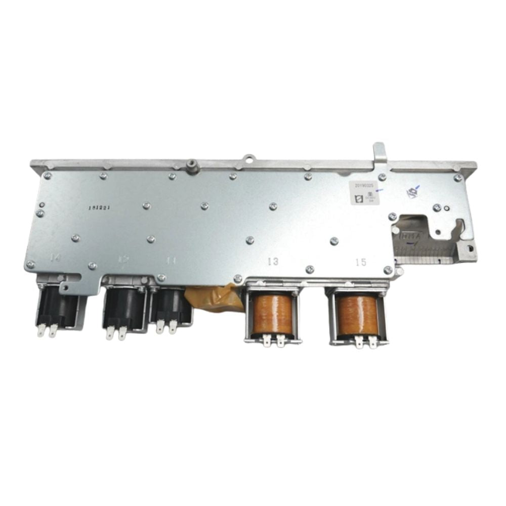 Silver metal circuit board with multiple black and brown electrical connectors mounted on underside.